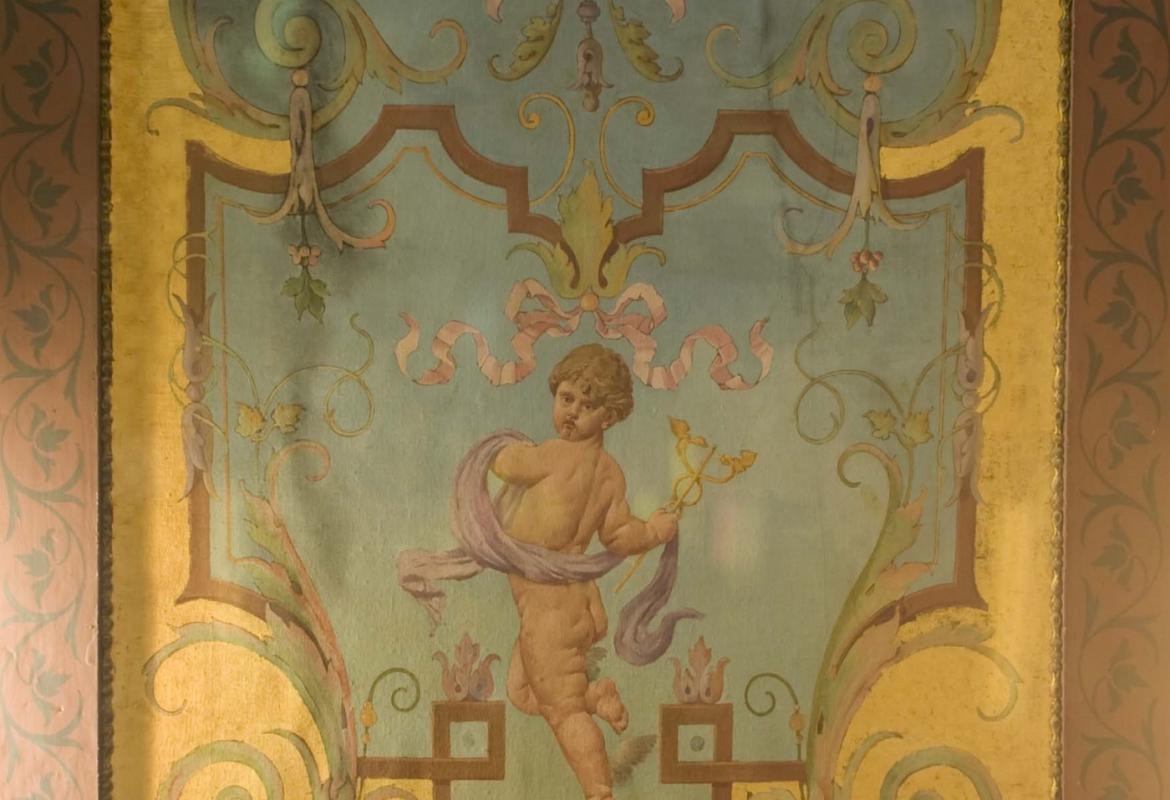 Angel carrying a caduceus or wand with snakes, on a golden background and plant decoration