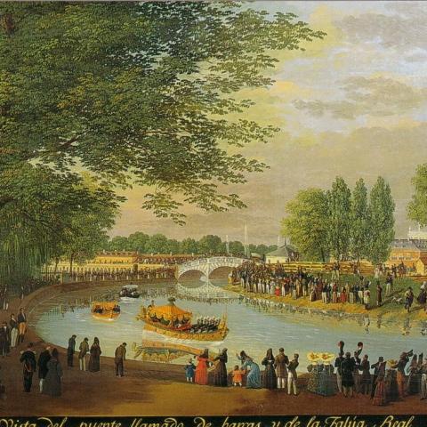 Vista del puente llamado de barcas y de la Falúa Real en el Real Sitio de Aranjuez (1830), de Fernando Brambila Pintura con escena náutica festiva de época en el Real Sito de Aranjuez
