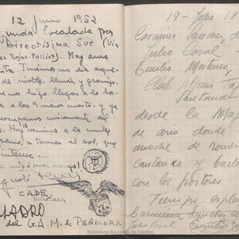 Libro de cumbre de Peña Santa, colocado por la Sociedad Española de Alpinismo Peñalara. (1933-1953). Biblioteca Regional de Madrid Doble página, manuscrita con ilustración del libro de cumbre de Peña Santa