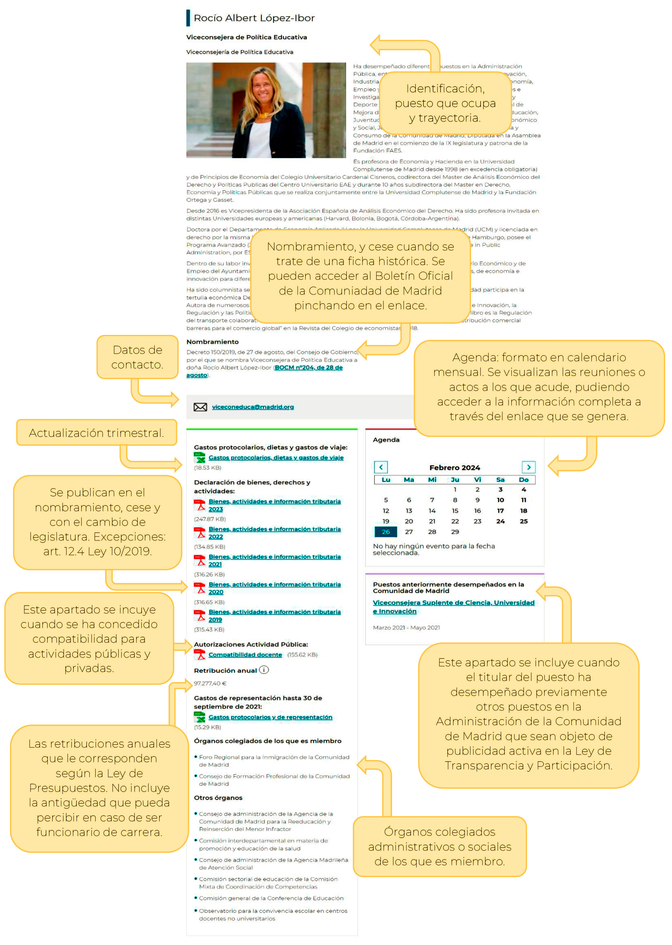 Explicación gráfica de los conceptos detallados sobre el contenido de una ficha de alto cargo